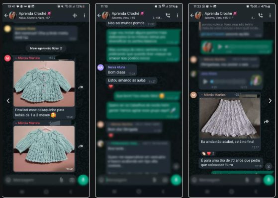 Conversas reais da comunidade com peças concluídas por alunas