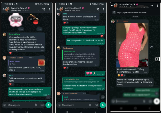 Alunas elogiando o acompanhamento da professora e compartilhando um vestido concluído